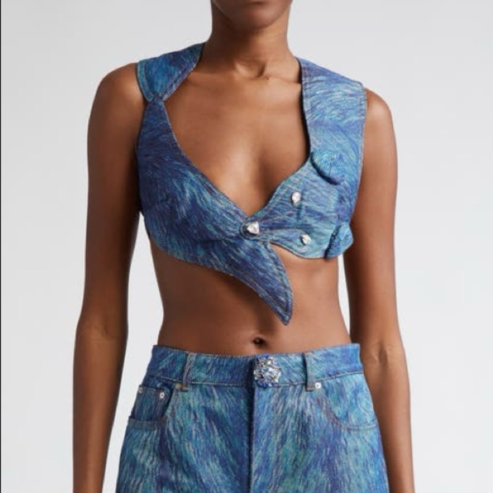 AREA Printed Denim Fox Crop Top (Never Worn)